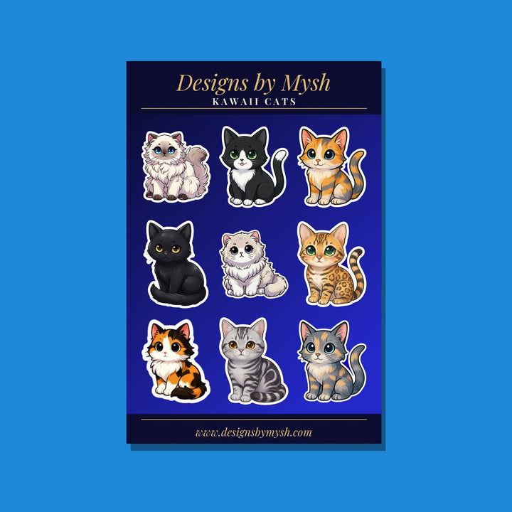 Kawaii Cats glossy 4x6 sticker sheet with nine cute cat stickers on a dark blue sheet – Designs by Mysh
