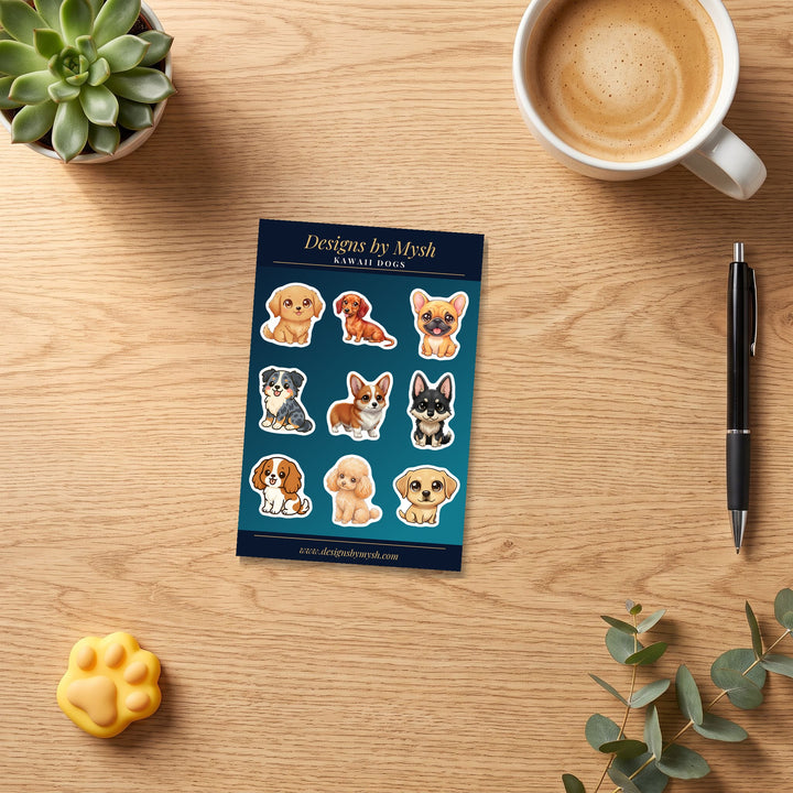Kawaii Dogs sticker sheet on a cozy desk