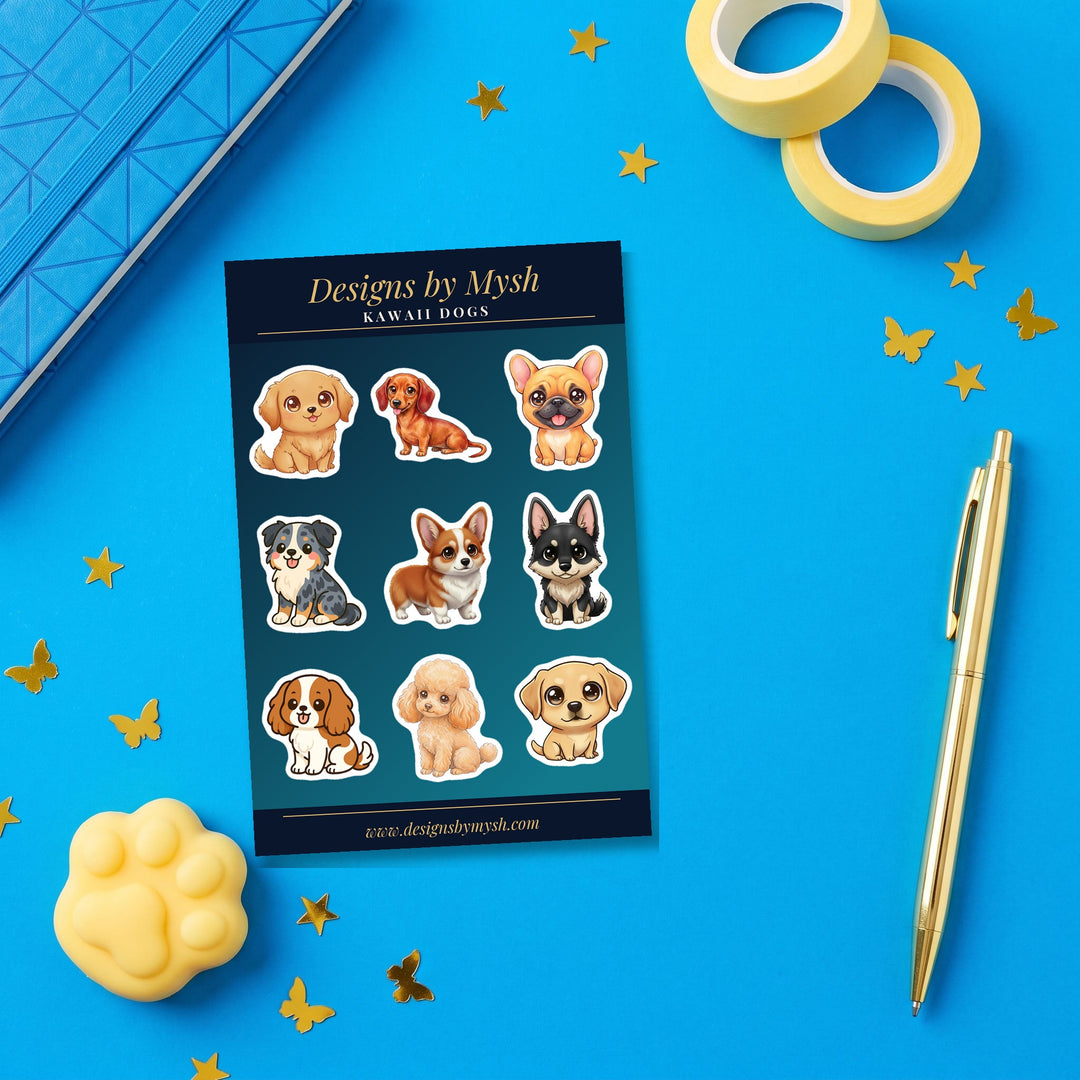 Kawaii Dogs sticker sheet on a notepad flat lay