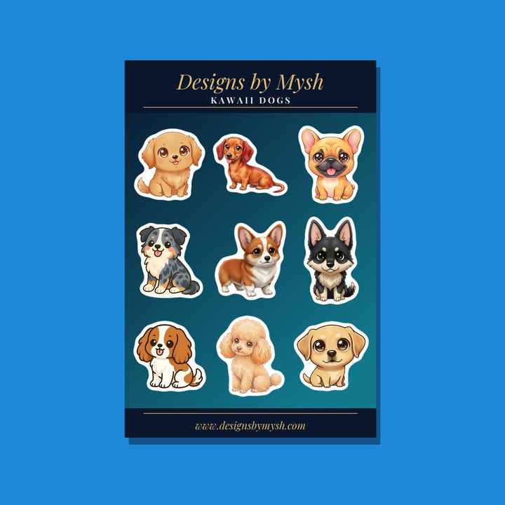 Kawaii Dogs glossy 4x6 sticker sheet with nine cute dog breeds