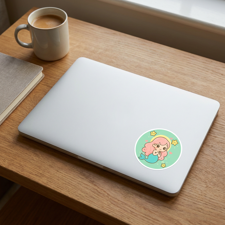 Kawaii Pink Mermaid Sticker on a laptop