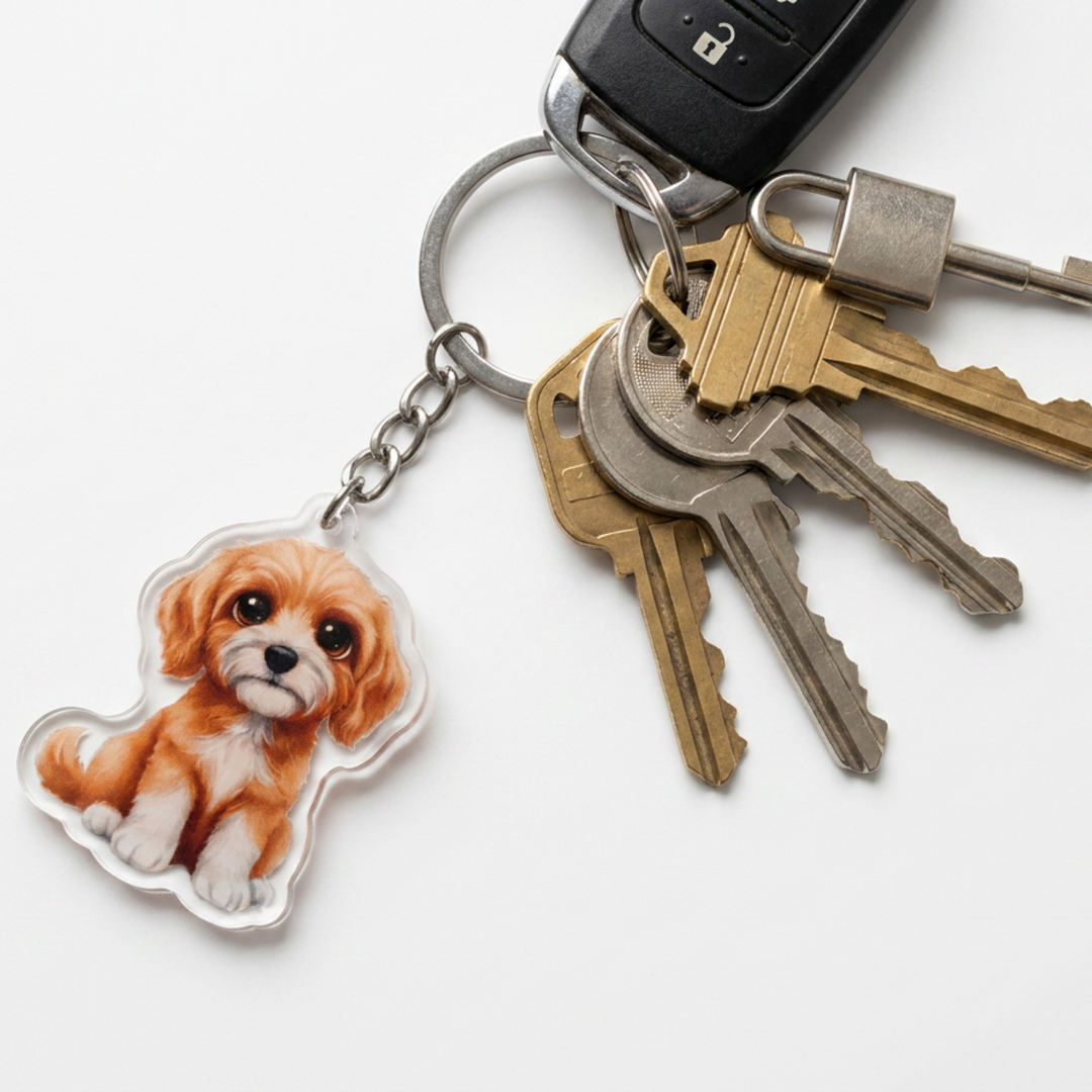 Apricot and white Goldendoodle acrylic keychain attached to a keyring with house keys