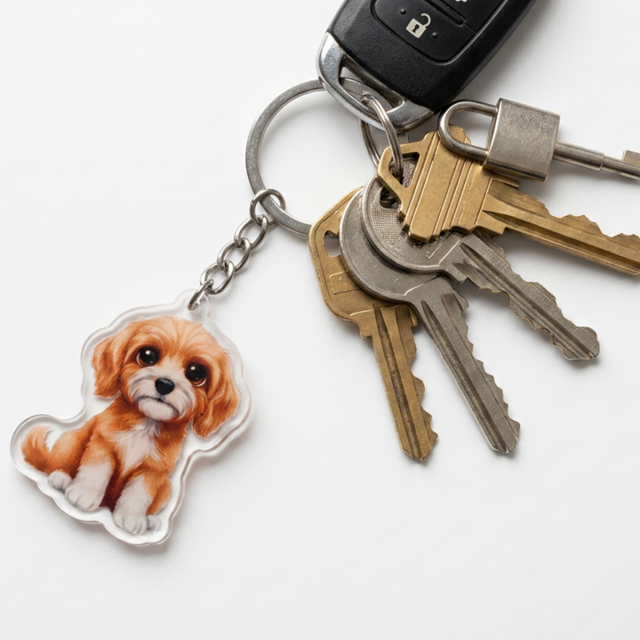 Apricot and white Goldendoodle acrylic keychain attached to a keyring with house keys