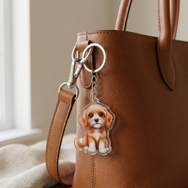 Apricot and white Goldendoodle acrylic keychain clipped to a leather bag strap