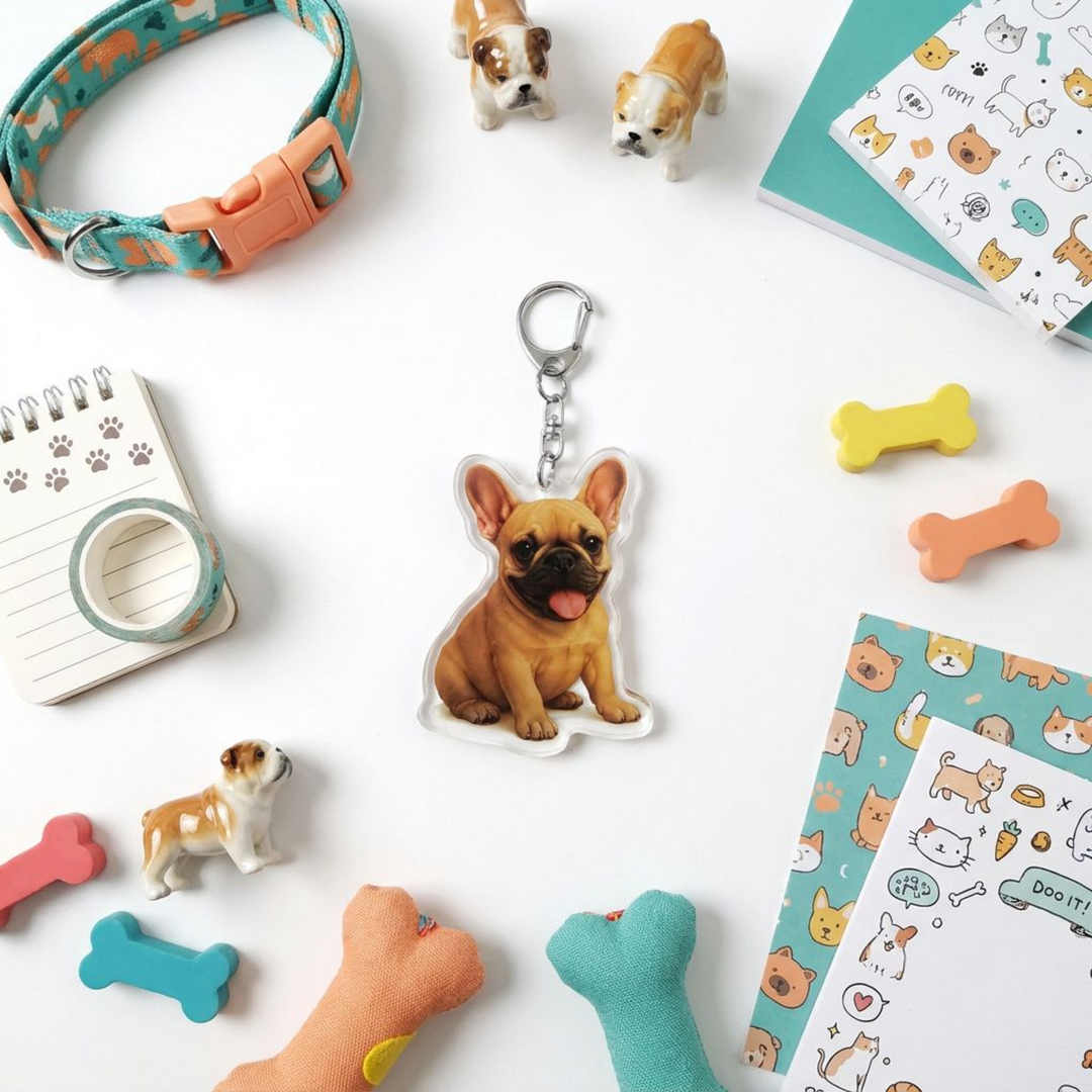 Fawn French Bulldog acrylic keychain in a styled flat-lay with matching dog-themed stationery and accessories