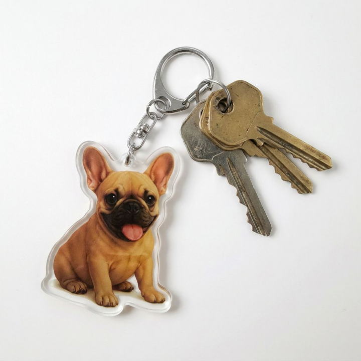 Fawn French Bulldog acrylic keychain attached to a keyring with house keys