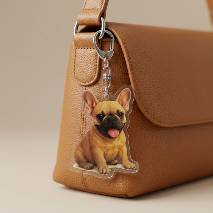 Fawn French Bulldog acrylic keychain clipped to a leather bag strap