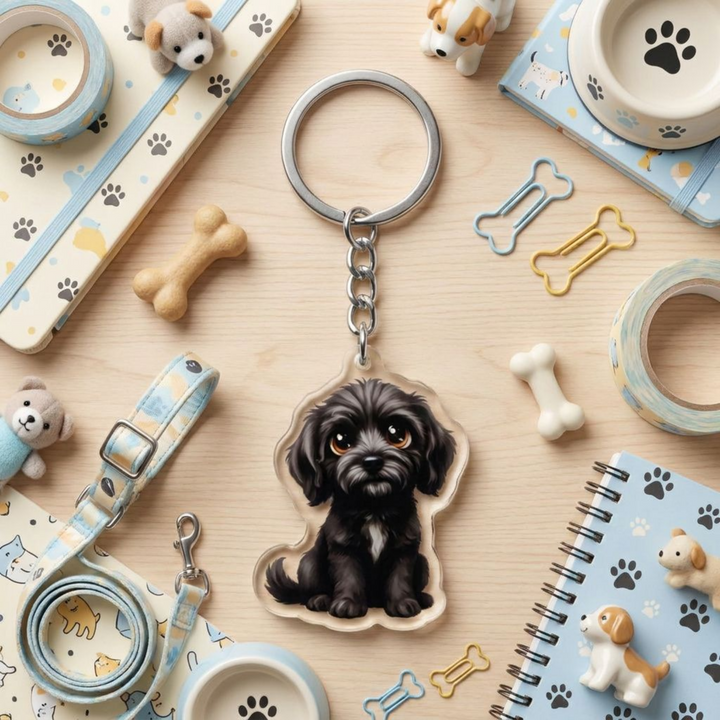 Black Goldendoodle acrylic keychain in a styled flat-lay with matching dog-themed stationery and accessories