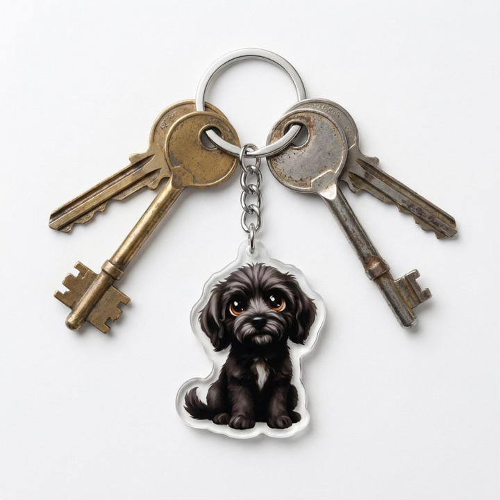 Black Goldendoodle acrylic keychain attached to a keyring with house keys