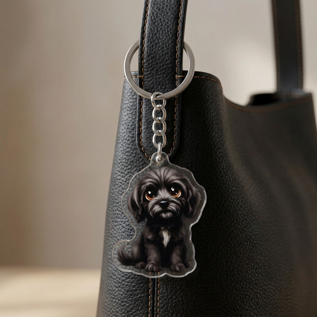 Black Goldendoodle acrylic keychain clipped to a leather bag strap