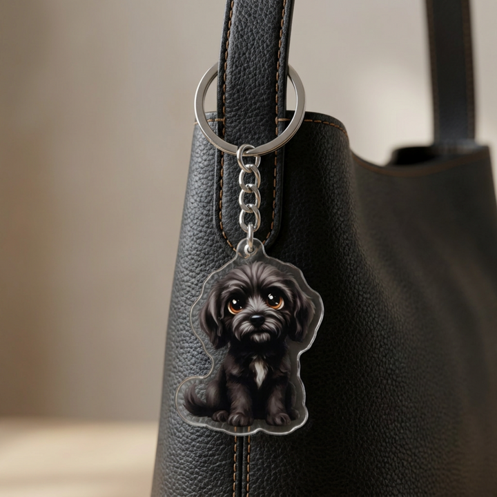 Black Goldendoodle acrylic keychain clipped to a leather bag strap