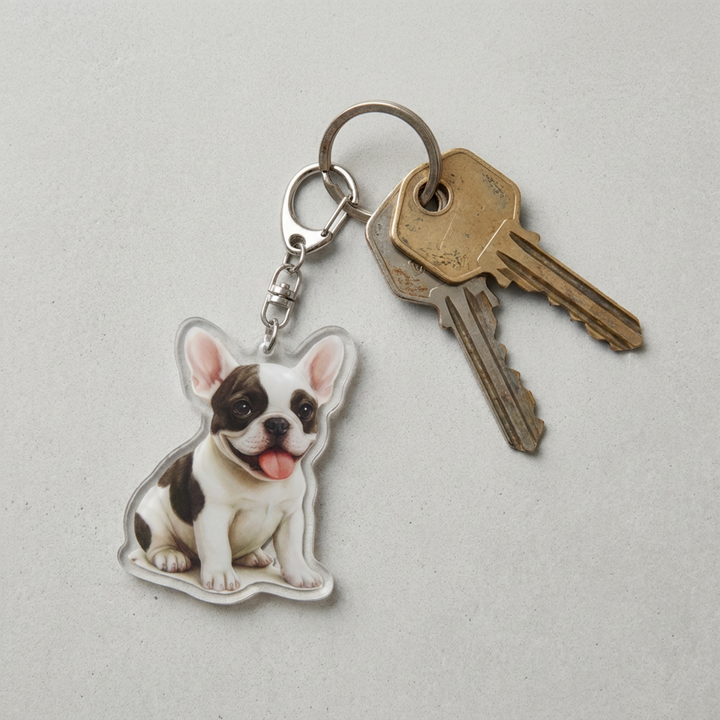 Brindle and white French Bulldog acrylic keychain attached to a keyring with house keys