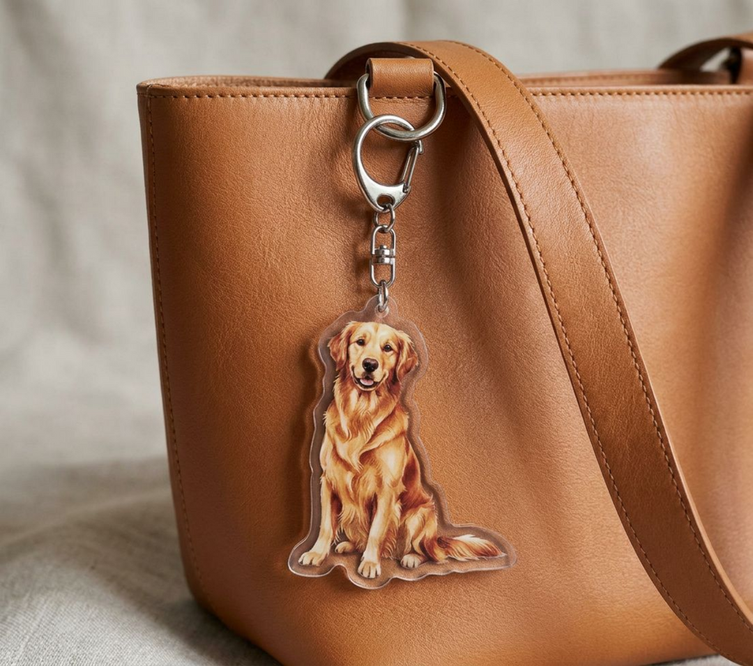 Dark golden Golden Retriever acrylic keychain clipped to a leather bag strap