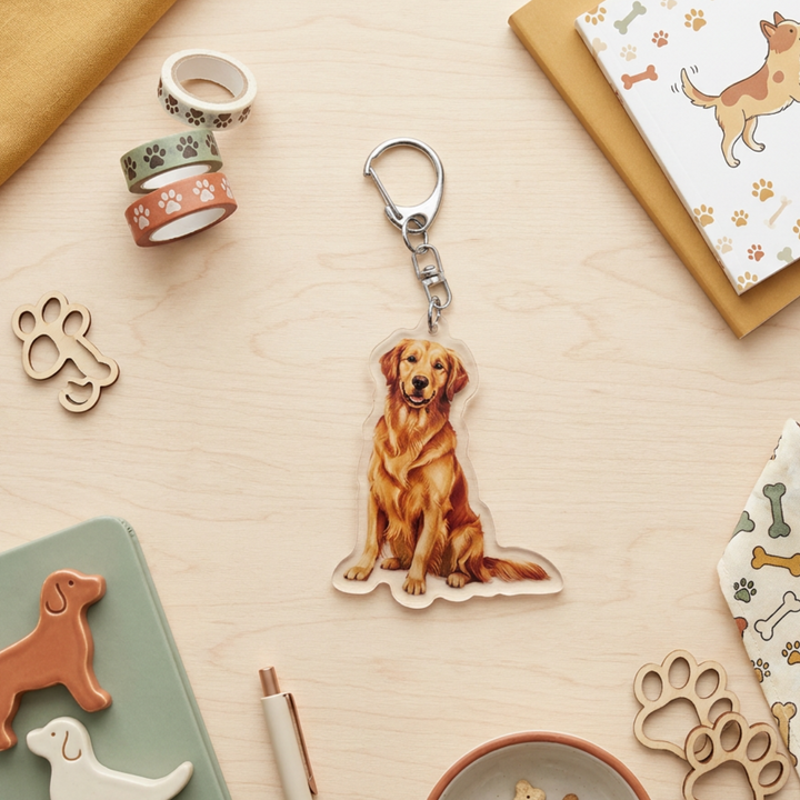 Dark golden Golden Retriever acrylic keychain in a styled flat-lay with matching dog-themed stationery and accessories