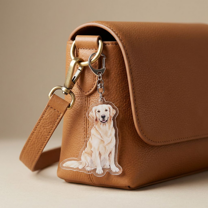Light golden Golden Retriever acrylic keychain clipped to a leather bag strap