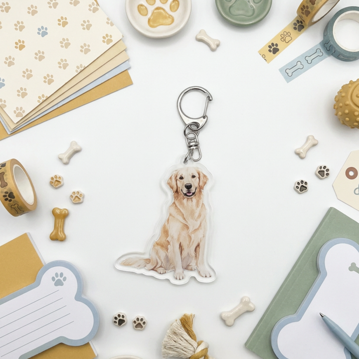 Light golden Golden Retriever acrylic keychain in a styled flat-lay with matching dog-themed stationery and accessories