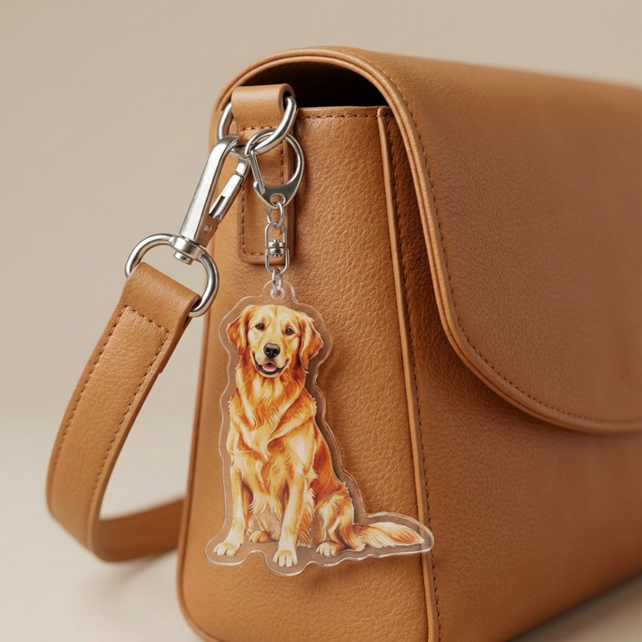 Golden Retriever acrylic keychain clipped to a leather bag strap