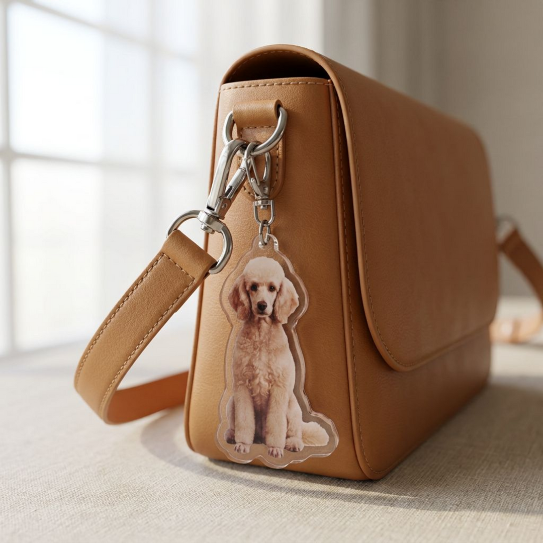 Apricot Poodle acrylic keychain clipped to a leather bag strap