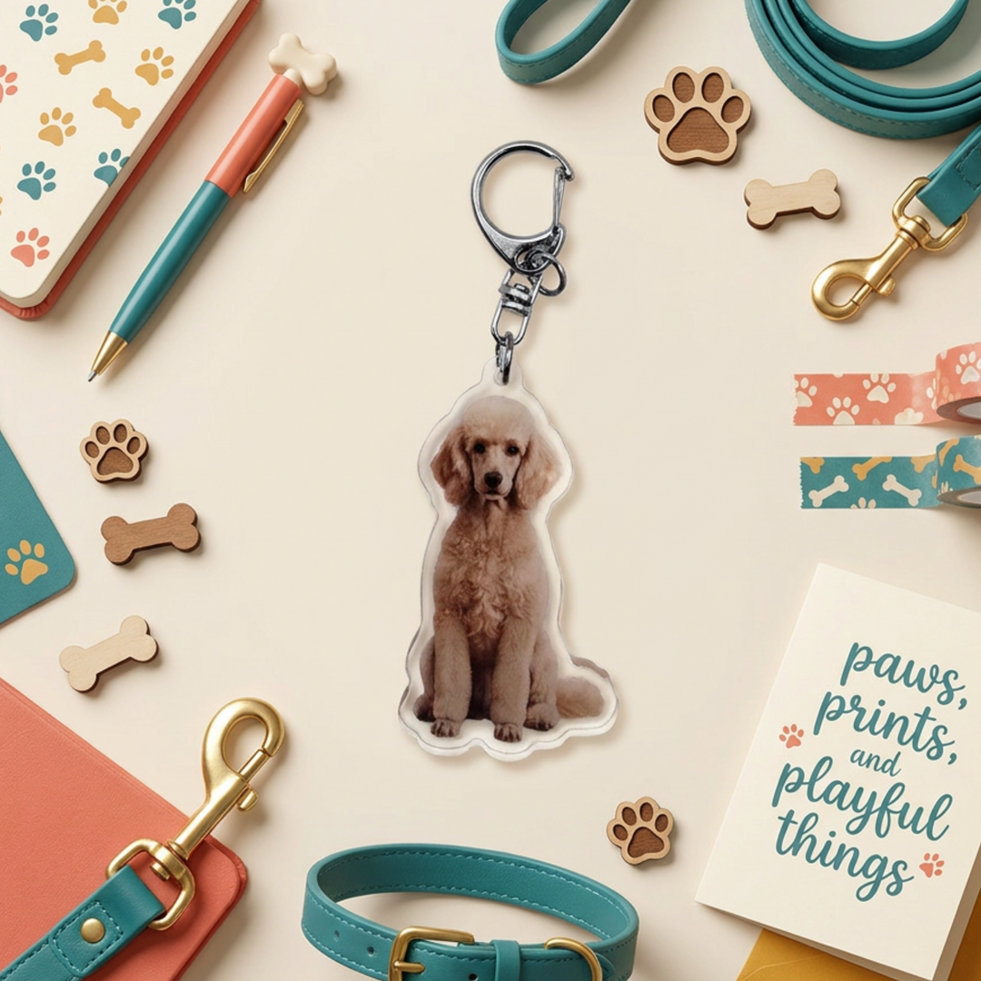 Apricot Poodle acrylic keychain in a styled flat-lay with matching dog-themed stationery and accessories