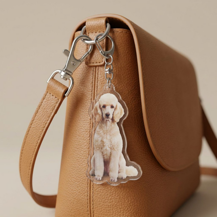 Cream Poodle acrylic keychain clipped to a leather bag strap