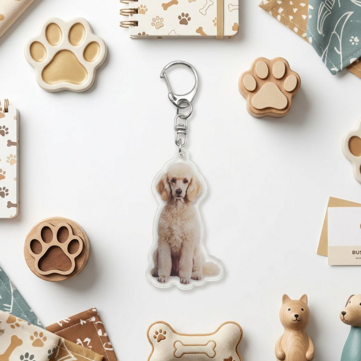 Cream Poodle acrylic keychain in a styled flat-lay with matching dog-themed stationery and accessories