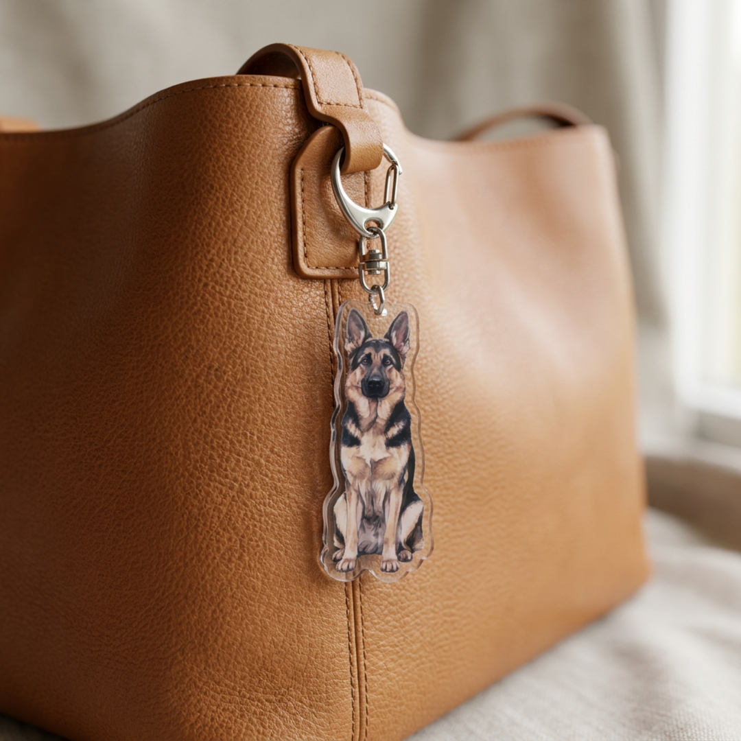 Sable German Shepherd acrylic keychain clipped to a leather bag strap