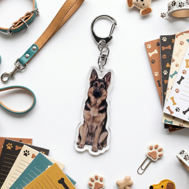 Sable German Shepherd acrylic keychain in a styled flat-lay with matching dog-themed stationery and accessories