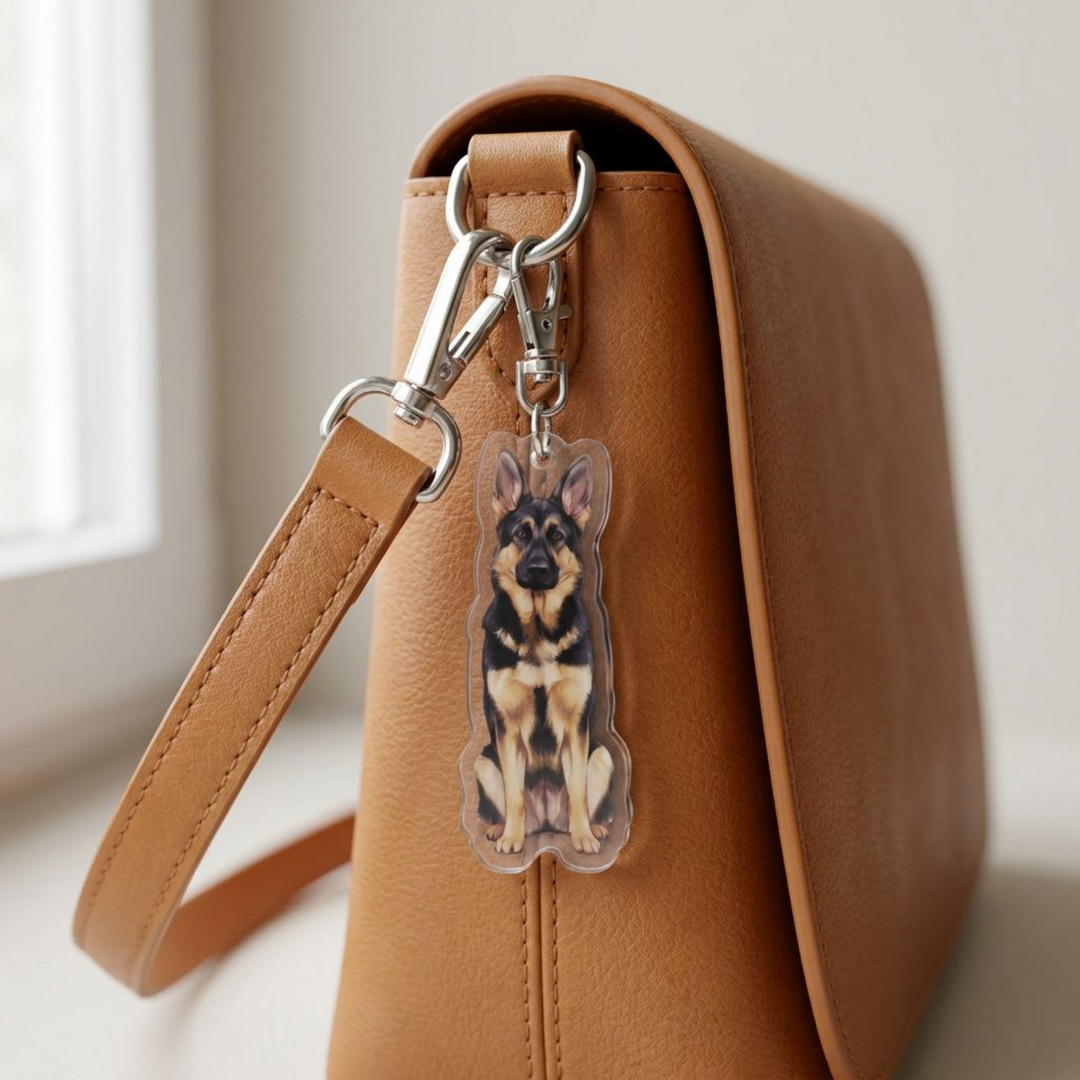 Black and tan German Shepherd acrylic keychain clipped to a leather bag strap