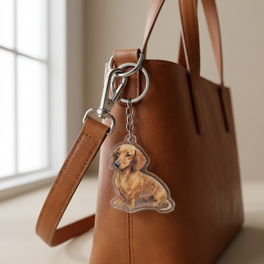 Red dachshund acrylic keychain clipped to a leather bag strap