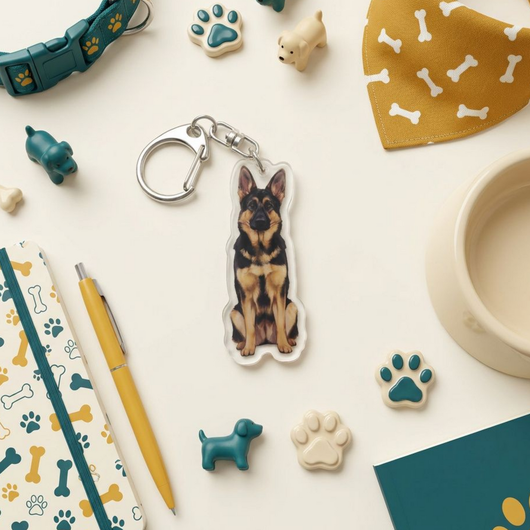 Black and tan German Shepherd acrylic keychain in a styled flat-lay with matching dog-themed stationery and accessories