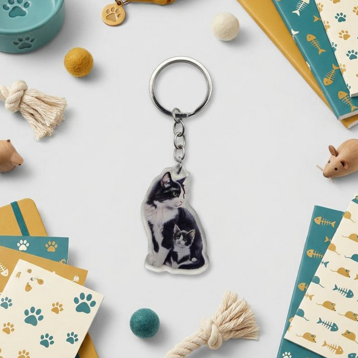 Tuxedo cat and kitten acrylic keychain in a styled flat-lay with matching cat-themed stationery and accessories
