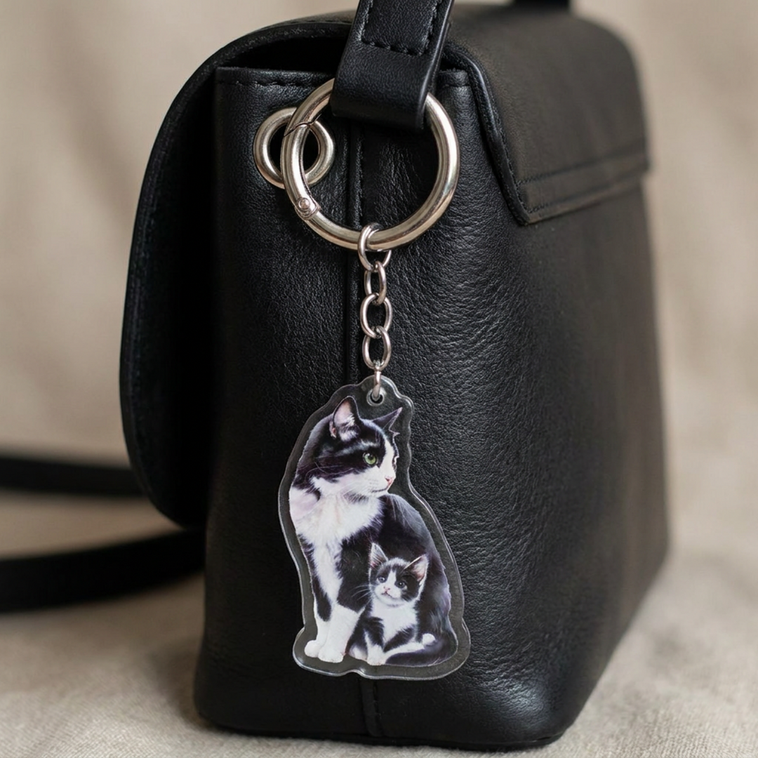 Tuxedo cat and kitten acrylic keychain clipped to a leather bag strap