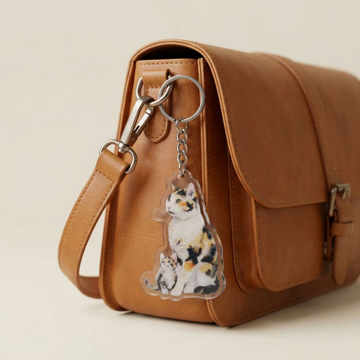 Calico cat and kitten acrylic keychain clipped to a leather bag strap