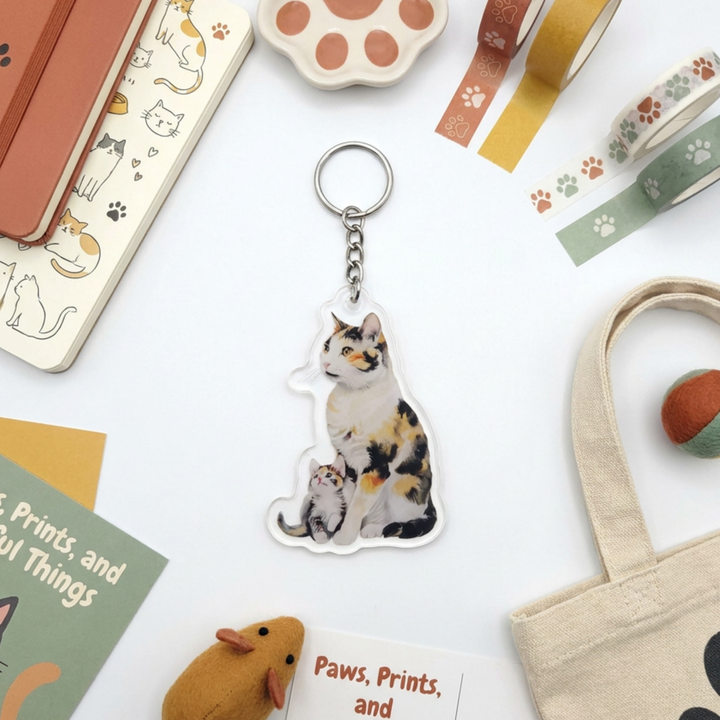 Calico cat and kitten acrylic keychain in a styled flat-lay with matching cat-themed stationery and accessories
