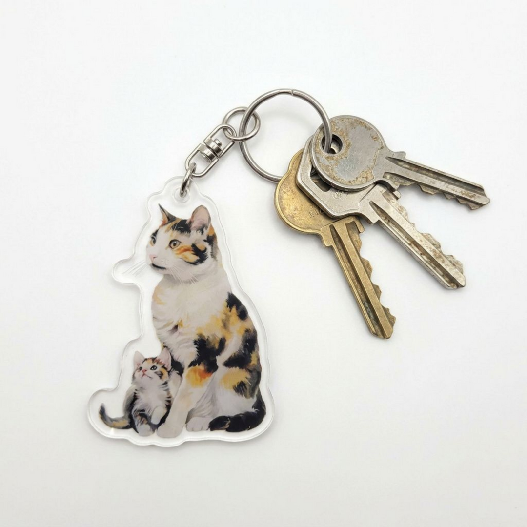 Calico cat and kitten acrylic keychain attached to a keyring with house keys