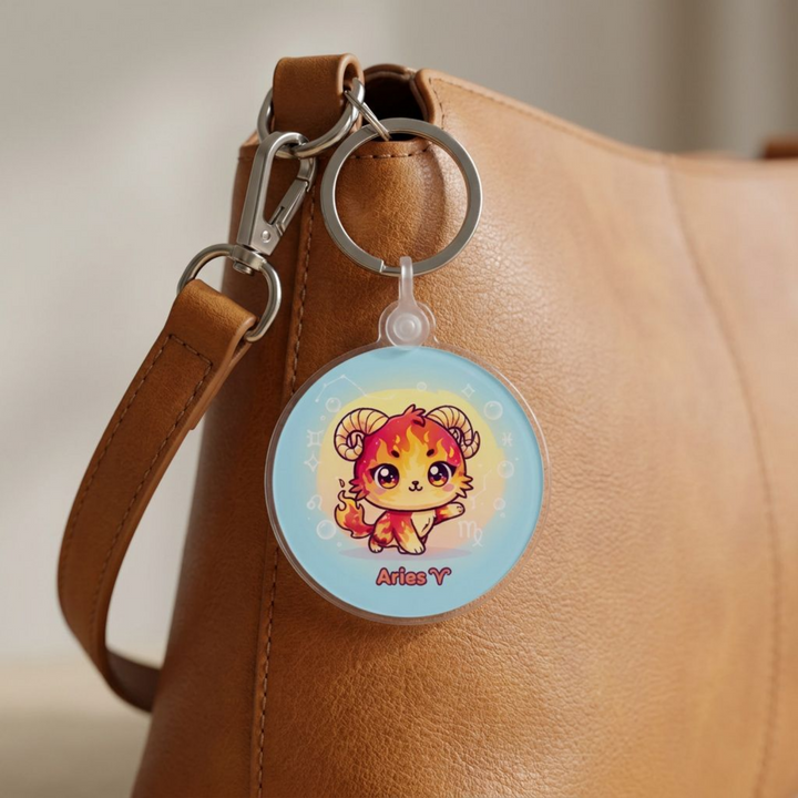 Kawaii Aries zodiac cat charm acrylic keychain clipped to a leather bag strap