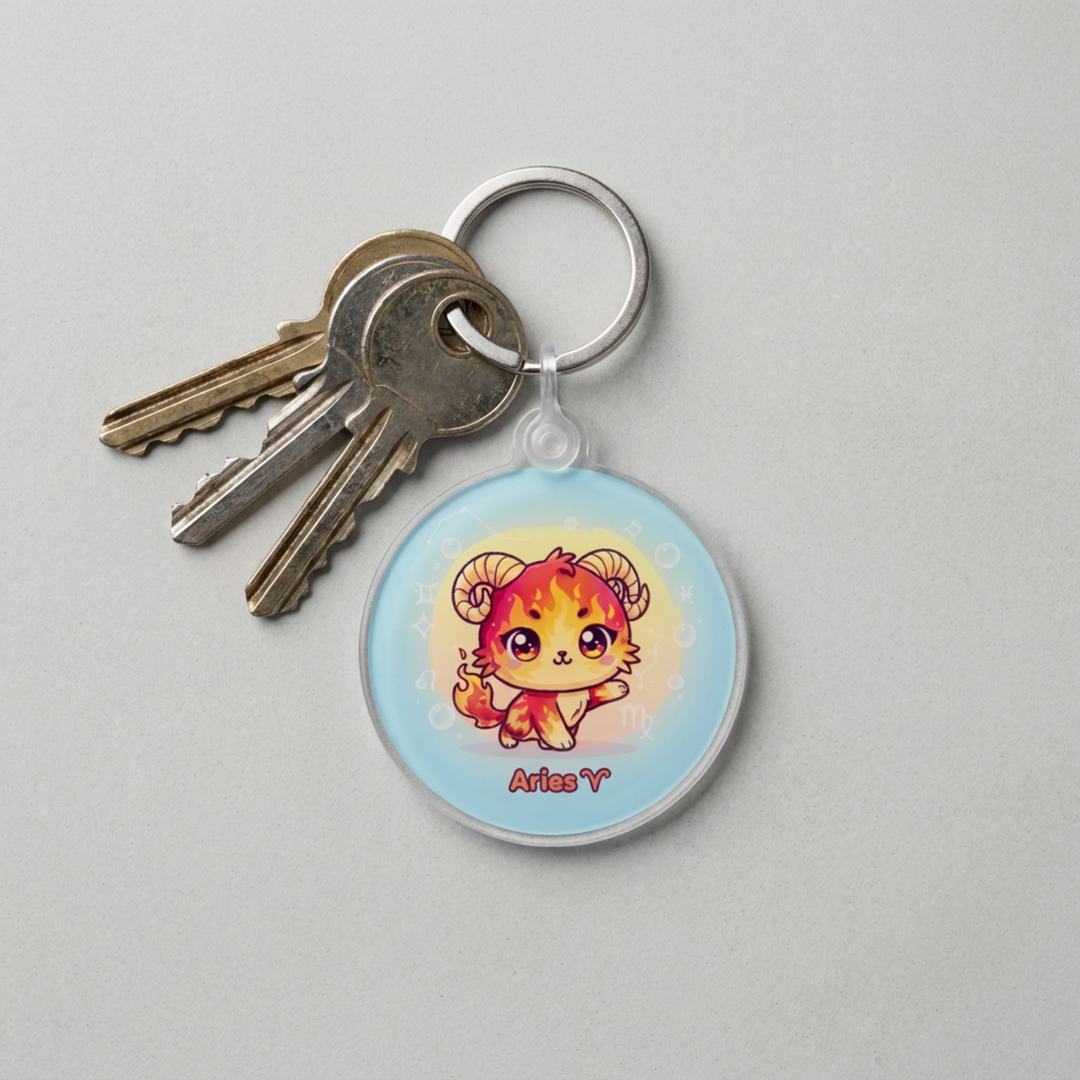 Kawaii Aries zodiac cat charm acrylic keychain attached to a keyring with house keys