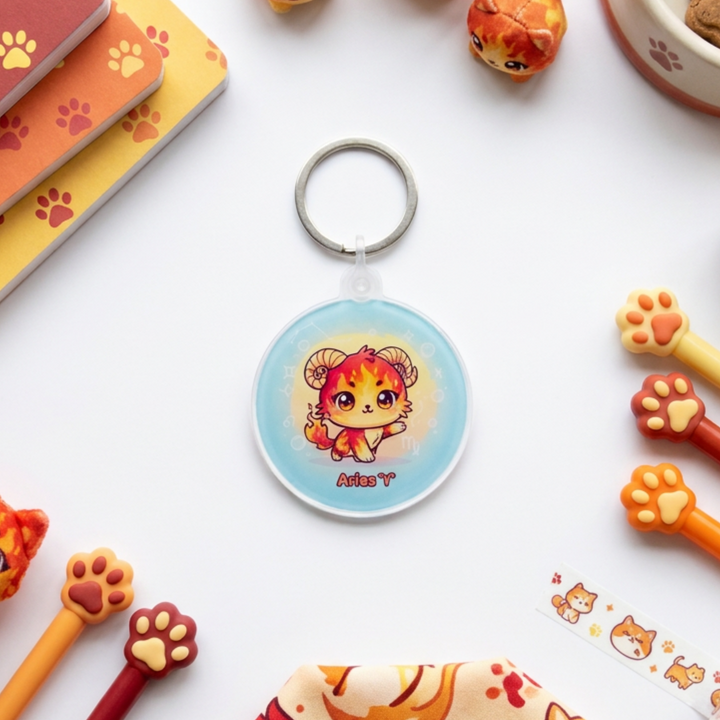 Kawaii Aries zodiac cat charm acrylic keychain in a styled flat-lay with matching cat-themed stationery and accessories
