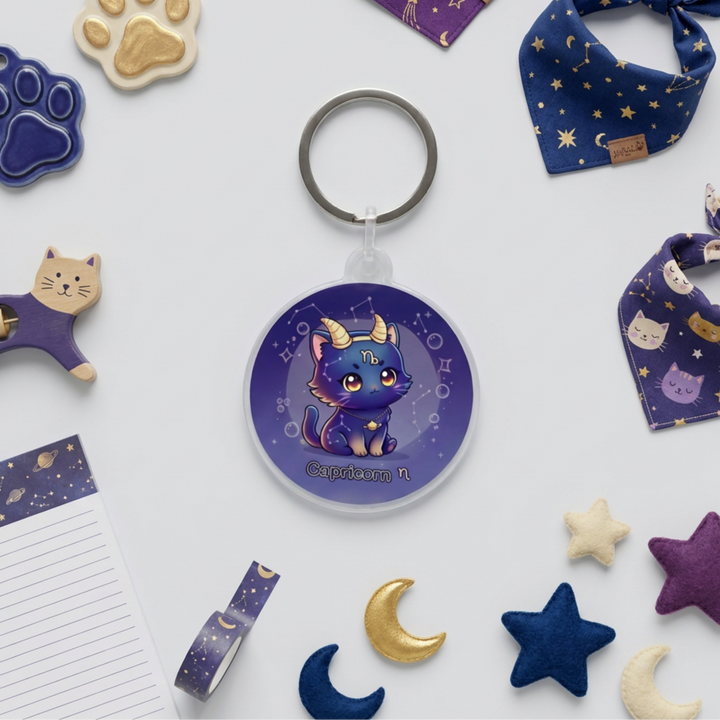 Kawaii Capricorn zodiac cat charm acrylic keychain in a styled flat-lay with matching cat-themed stationery and accessories