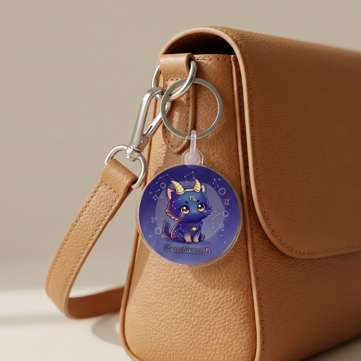 Kawaii Capricorn zodiac cat charm acrylic keychain clipped to a leather bag strap
