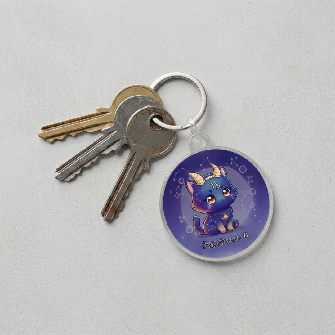 Kawaii Capricorn zodiac cat charm acrylic keychain attached to a keyring with house keys