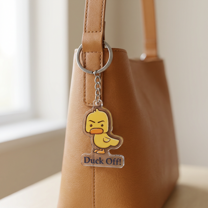 Sassy cartoon duck ("Duck Off") acrylic keychain clipped to a leather bag strap