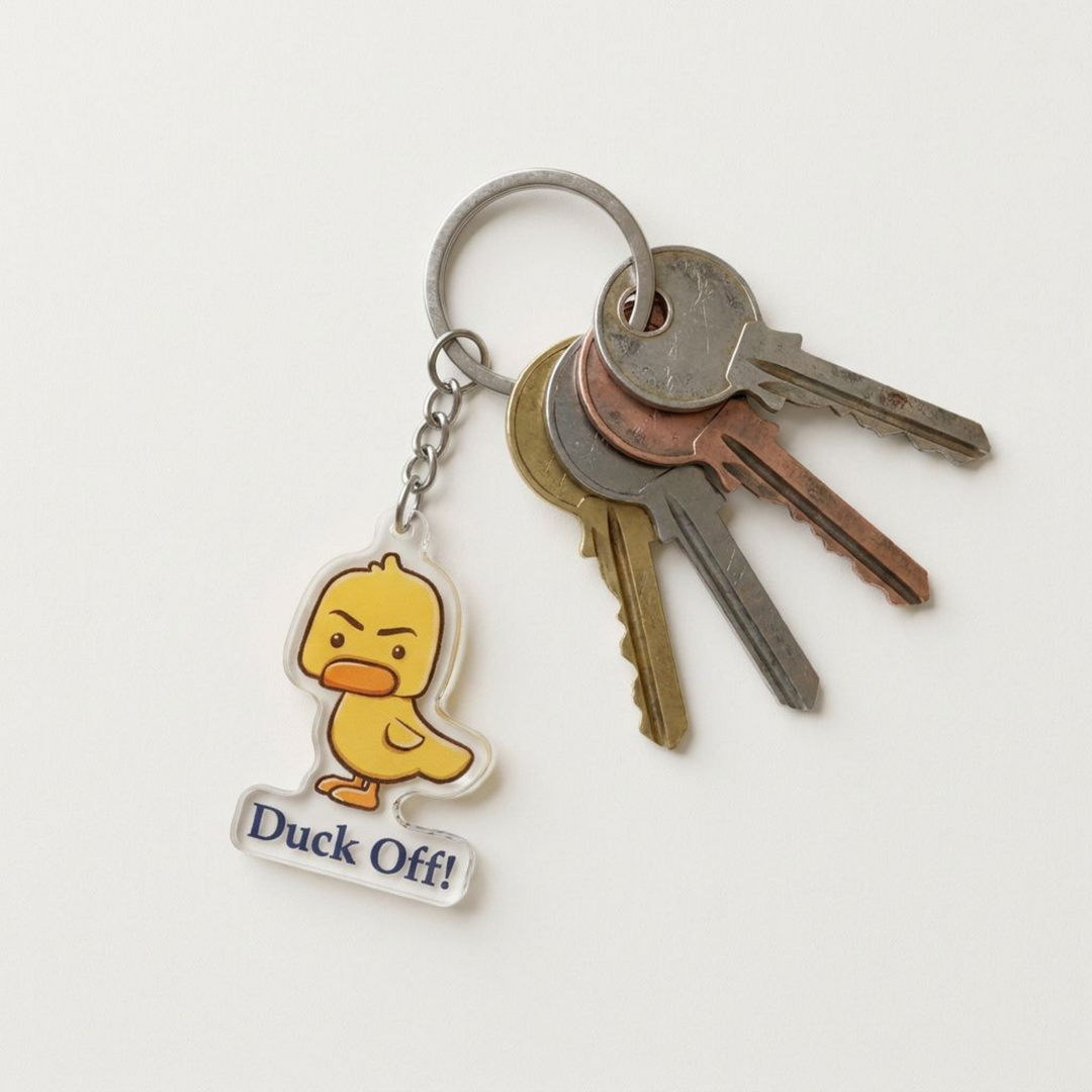 Sassy cartoon duck ("Duck Off") acrylic keychain attached to a keyring with house keys