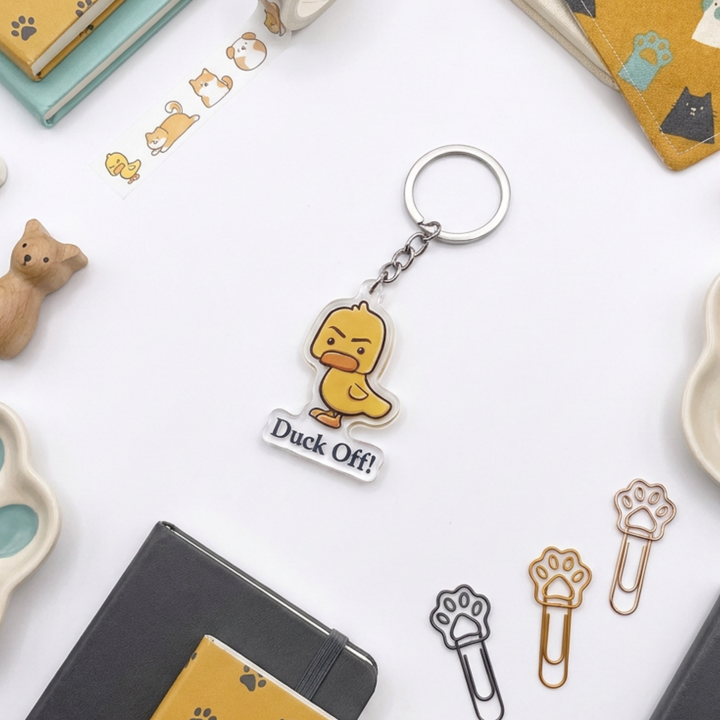 Sassy cartoon duck ("Duck Off") acrylic keychain in a styled flat-lay with matching duck-themed stationery and accessories