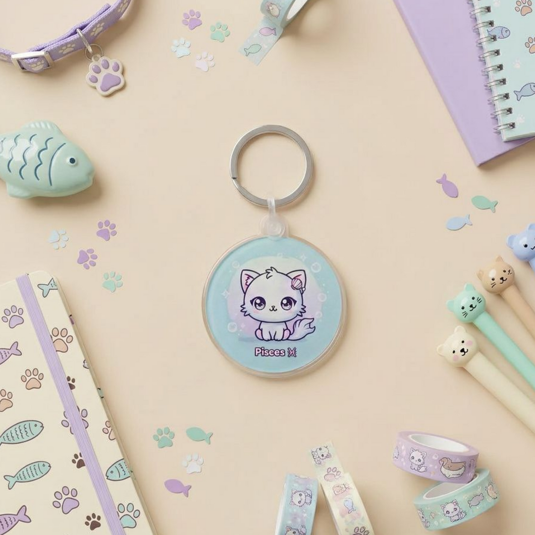Kawaii Pisces zodiac cat charm acrylic keychain in a styled flat-lay with matching cat-themed stationery and accessories