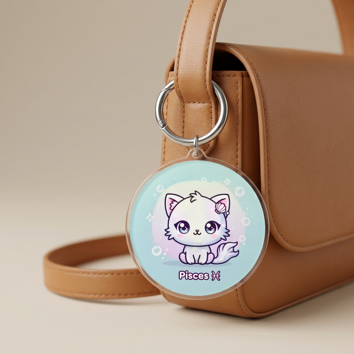 Kawaii Pisces zodiac cat charm acrylic keychain clipped to a leather bag strap