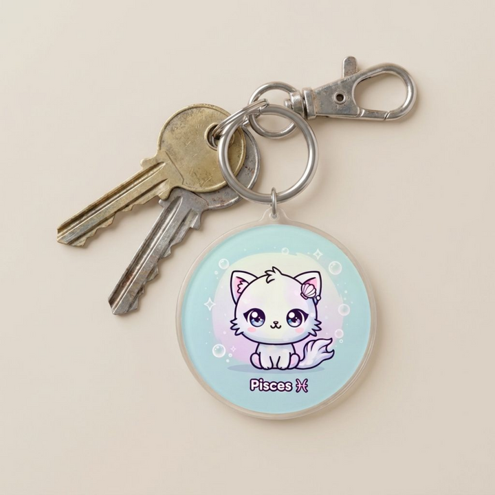 Kawaii Pisces zodiac cat charm acrylic keychain attached to a keyring with house keys