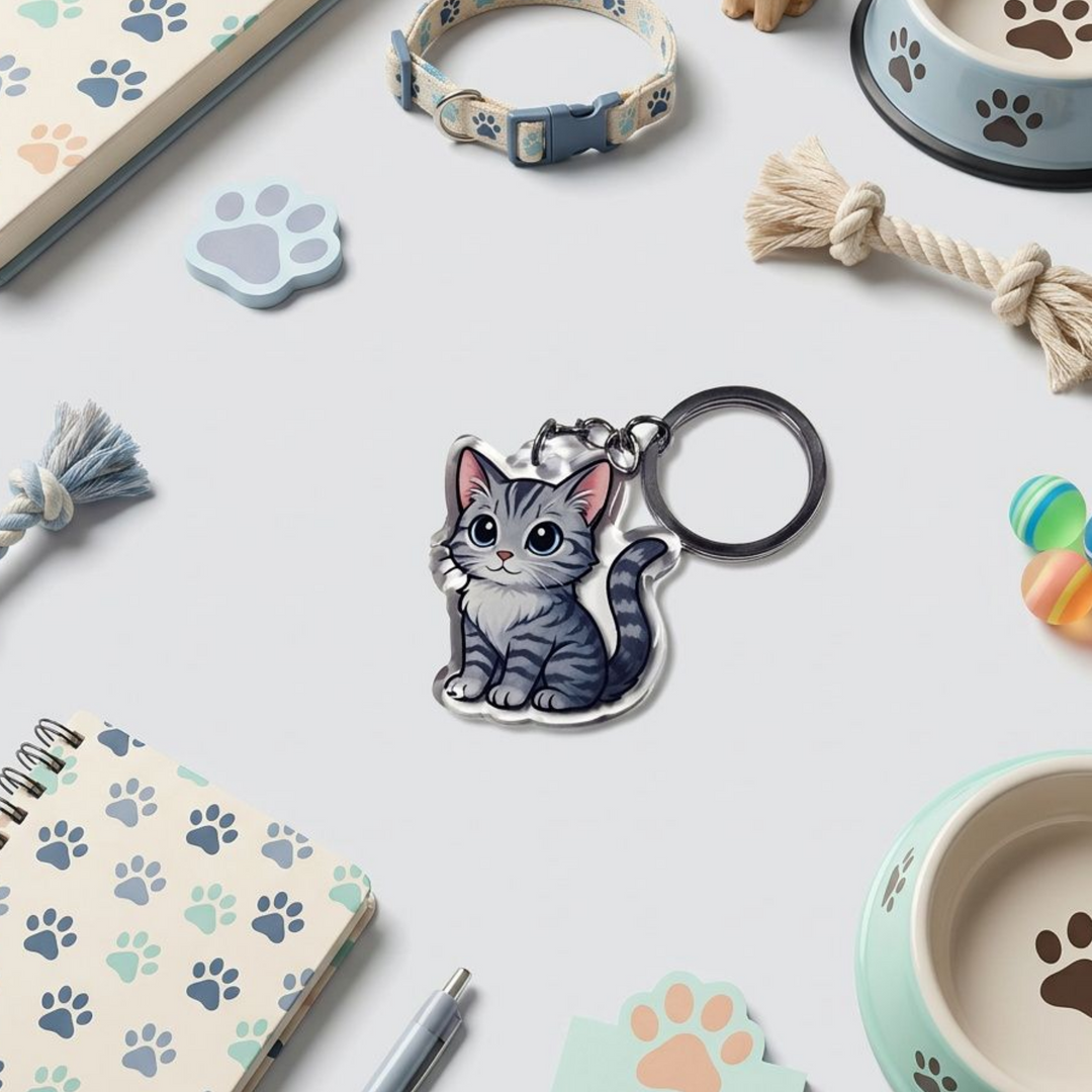 Gray tabby American Shorthair cat acrylic keychain in a styled flat-lay with matching cat-themed stationery and accessories