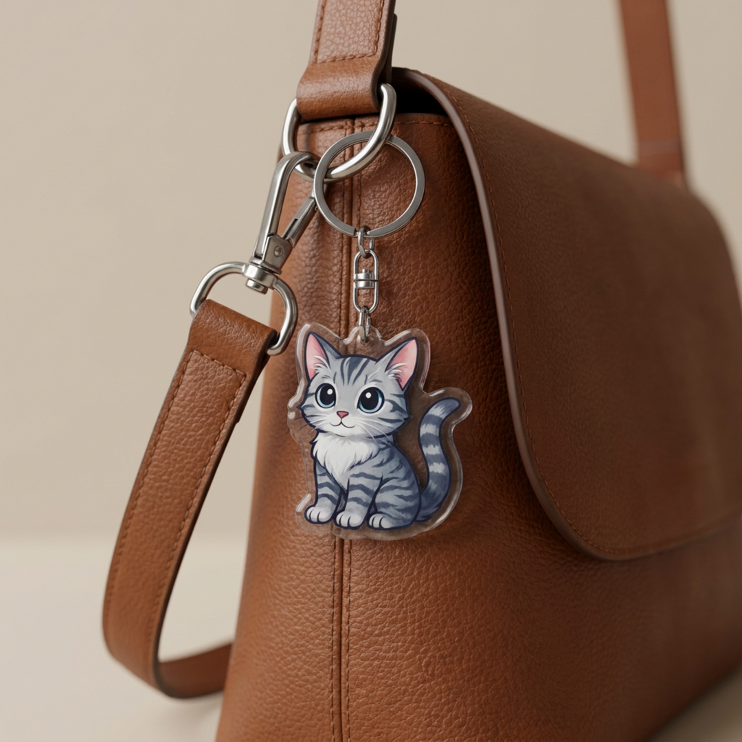 Gray tabby American Shorthair cat acrylic keychain clipped to a leather bag strap