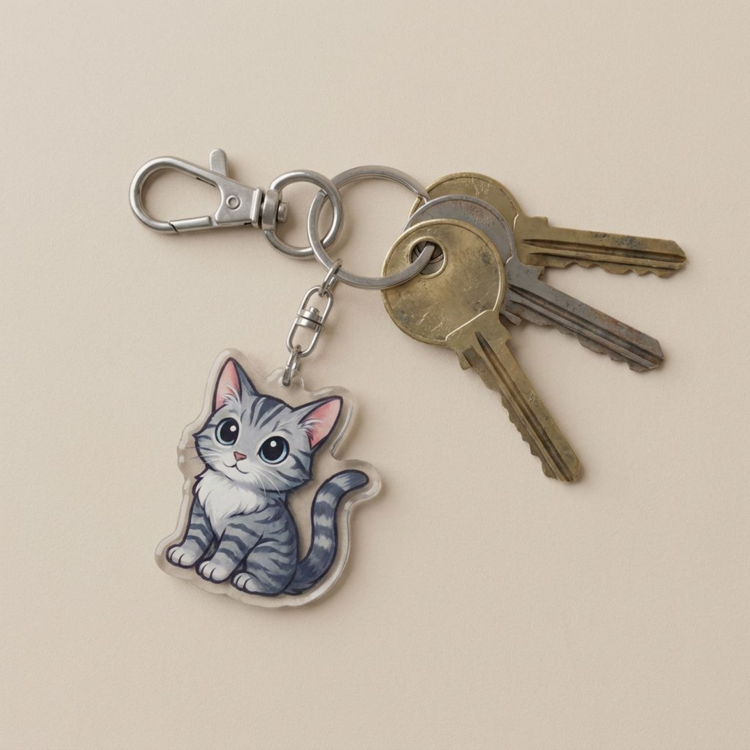 Gray tabby American Shorthair cat acrylic keychain attached to a keyring with house keys